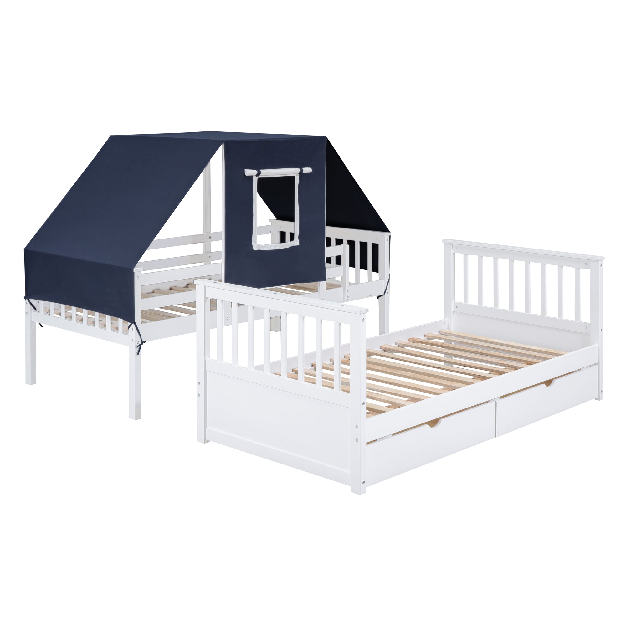 Twin Over Twin Bunk Bed Wood Bed with Tent and Drawers, White+Blue Tent - Atlantic Fine Furniture Melbourne FL