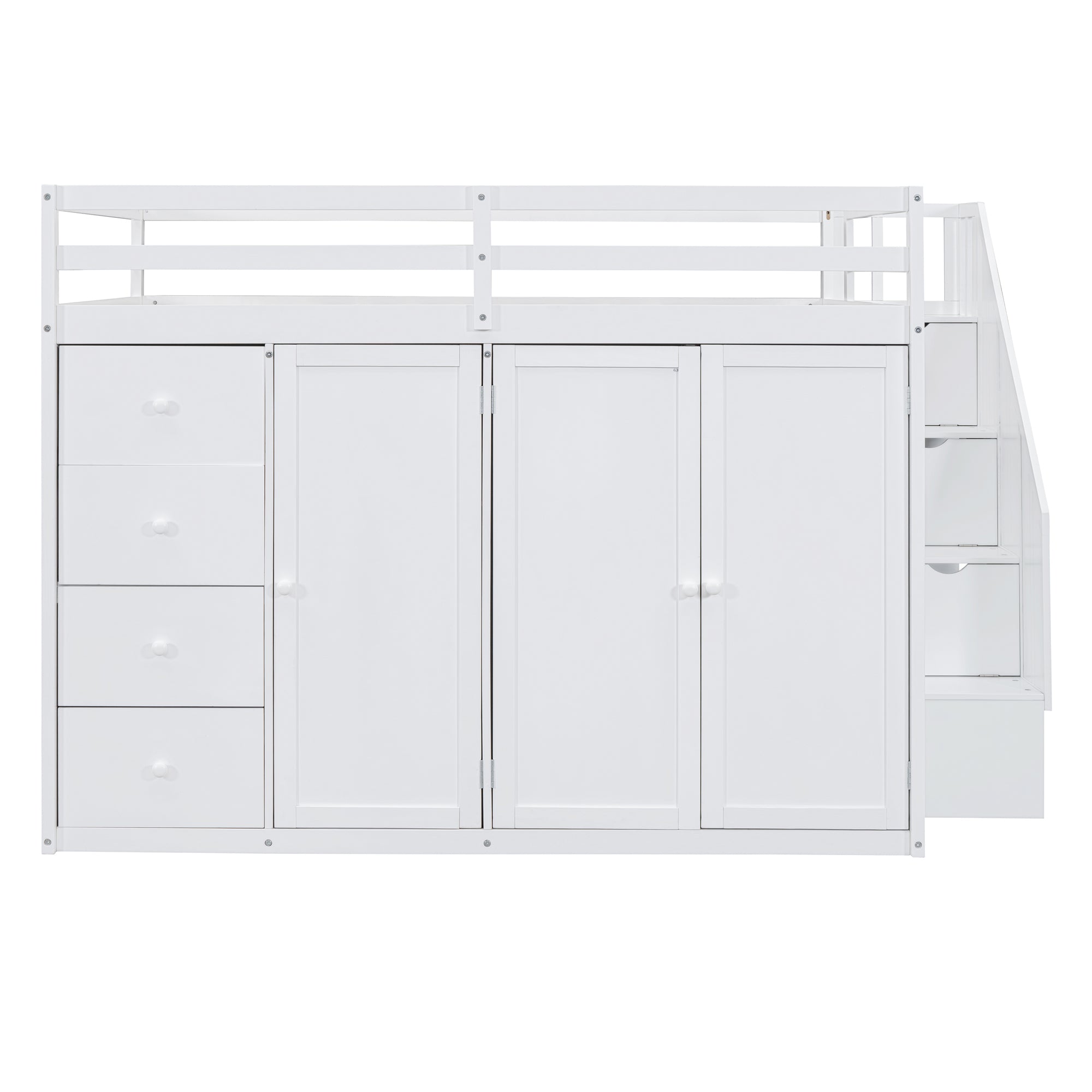 Full Size Wood Loft Bed With Built-in Wardrobes, Cabinets and Drawers, White