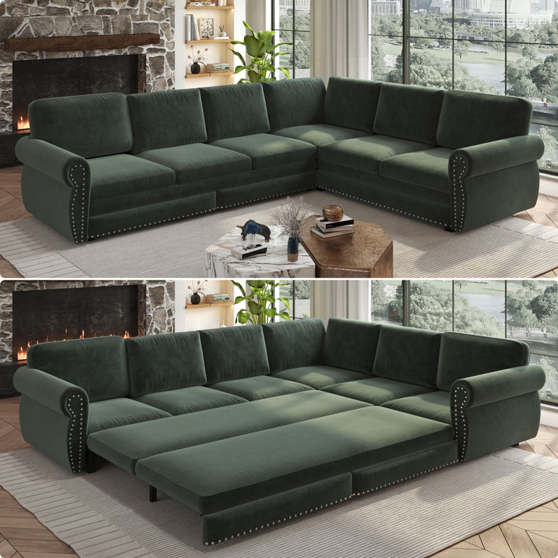 L-Shaped Sofa Couch With Pull Out Bed With Nailhead Trim & Rolled Arm, Sectional Couches, For Living Room - Green