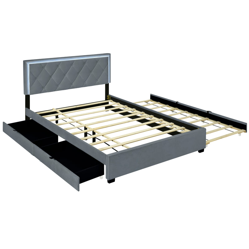 Queen Size  Velvet Storage Platform Bed, with 2 Big Drawers, Twin XL Size Trundle and LED Light, Gray