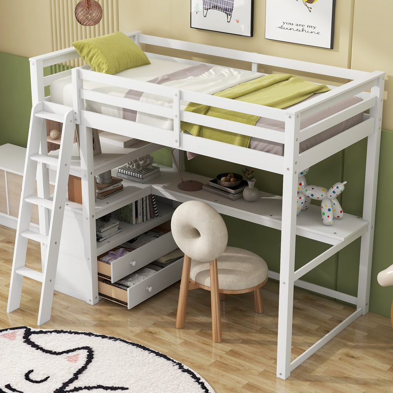 Twin Size Loft Bed with Desk and Shelves, Two Built-in Drawers, White(Old SKU: GX000423AAK)