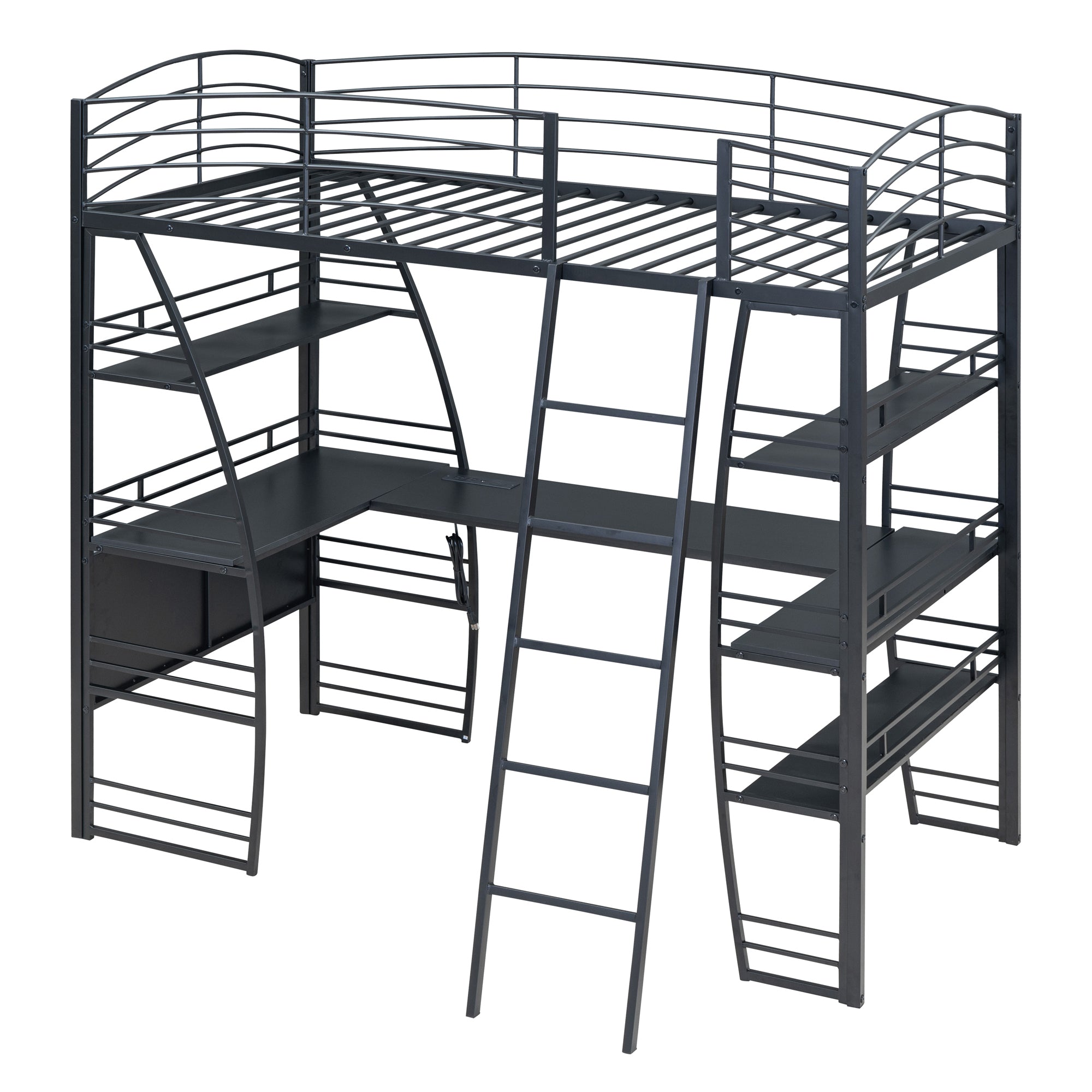 Twin Size Loft Bed with 4 Layers of Shelves and L-shaped Desk, Stylish Metal Frame Bed with a set of Sockets, USB Ports and Wireless Charging, Black - Atlantic Fine Furniture Melbourne FL