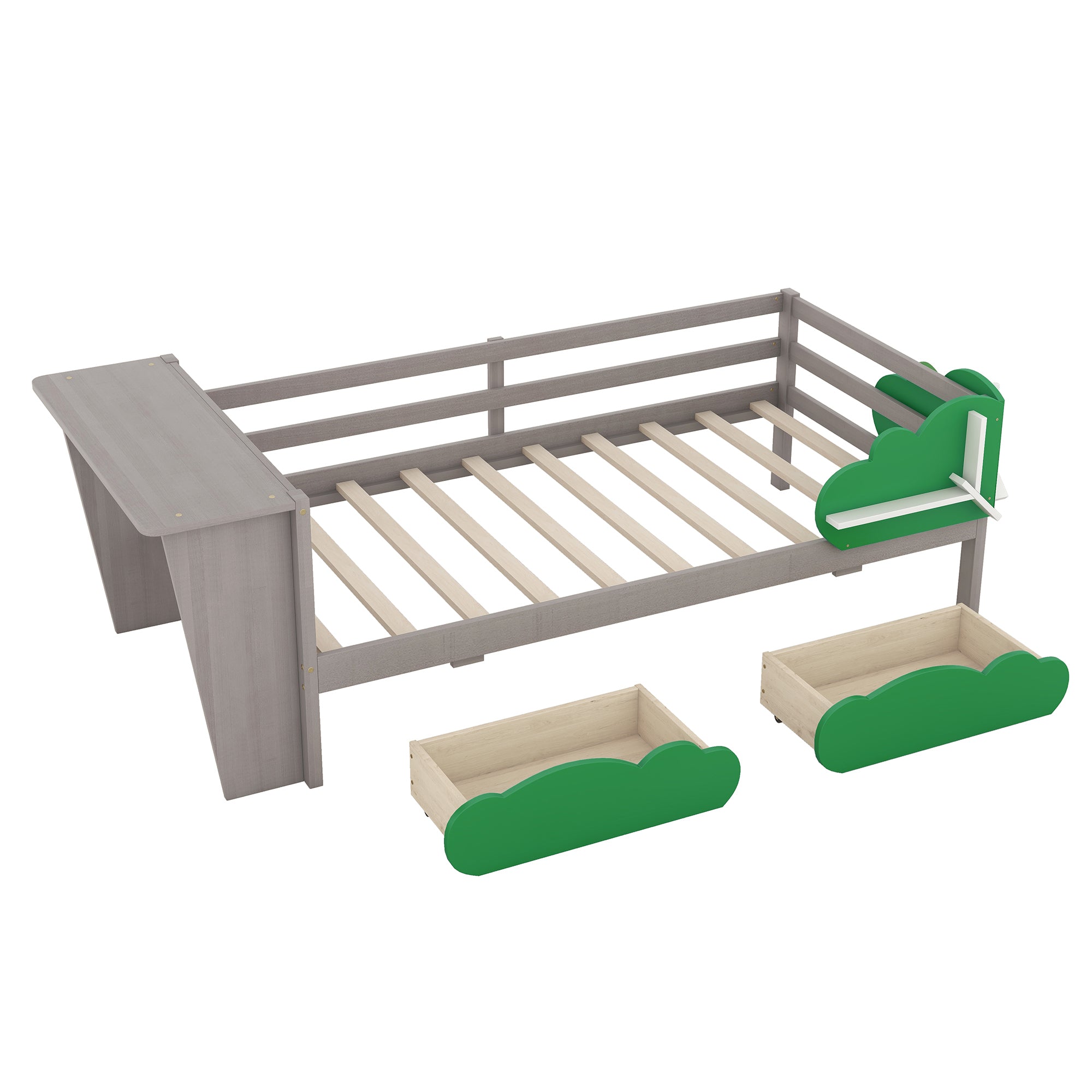 Twin Size Daybed with Desk, Green Leaf Shape Drawers and Shelves, Gray - Atlantic Fine Furniture Melbourne FL