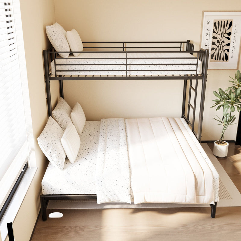 Twin Metal Pull Out Bunk Bed With Guardrail And Built In Ladder, Space Saving Convertible Frame For Bedroom - Black