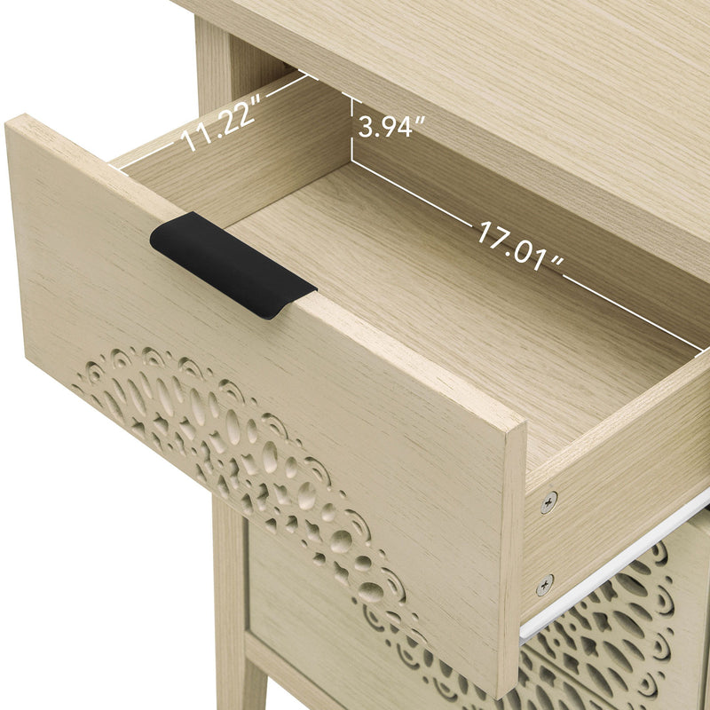 Hollow Carved 3 Drawer Cabinet Dresser Storage Chest With Metal Handles For Living Room Bedroom - Natural