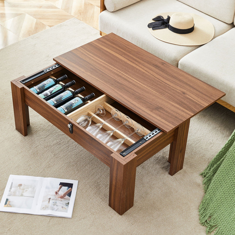 Multi Functional Coffee Table With Password Lock, Suitable For Storing Firearms And Wine - Walnut