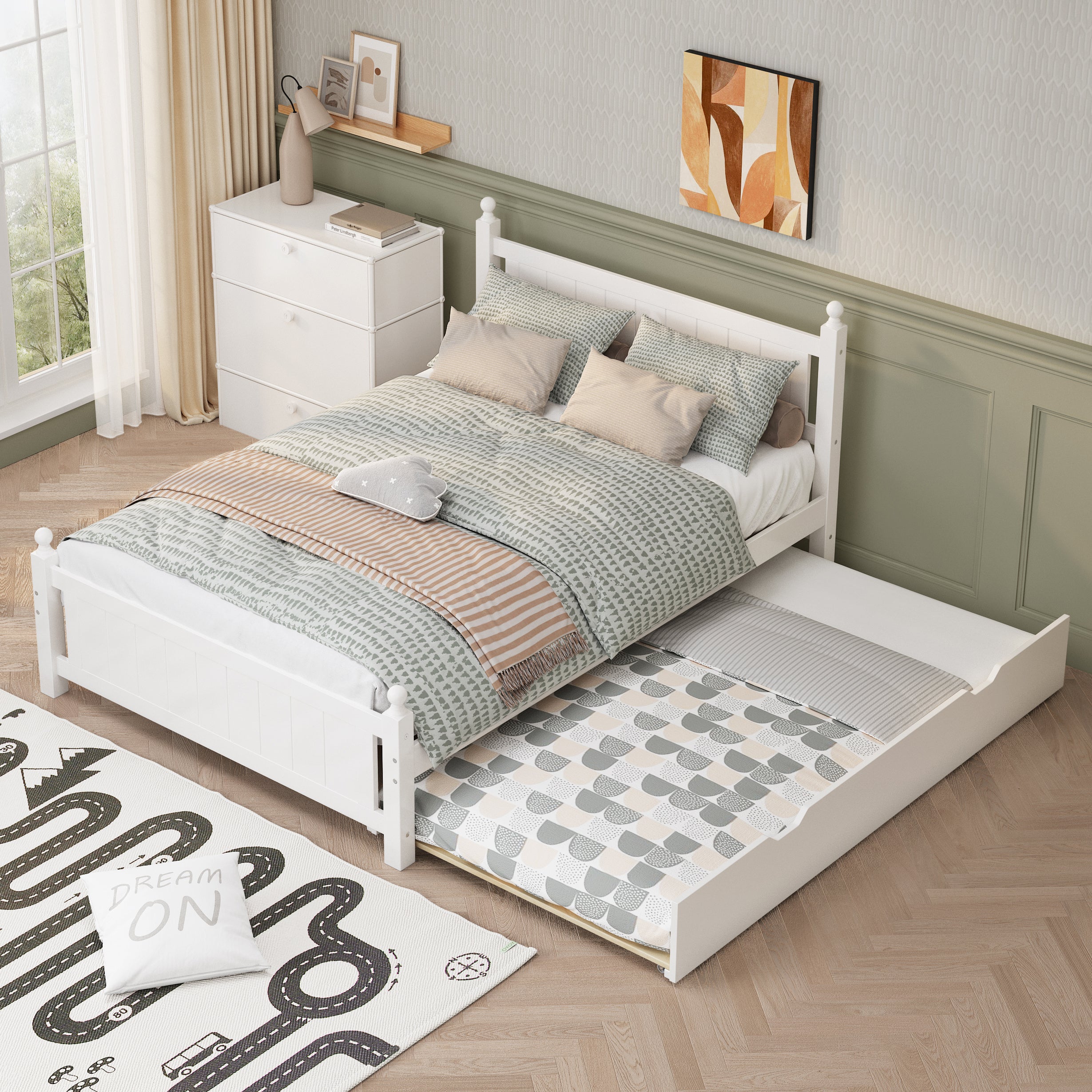 Full Size Solid Wood Platform Bed Frame with trundle for Limited Kids, Teens, Adults, No Need Box Spring, White - Atlantic Fine Furniture Melbourne FL