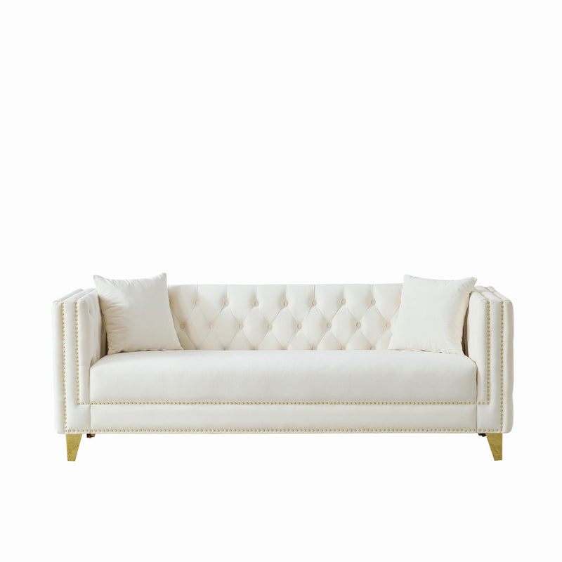 3 And 2 Seater Deep Seat Sofa With Button Nailhead, Square Arm Couches, Furniture For Living Room - Beige
