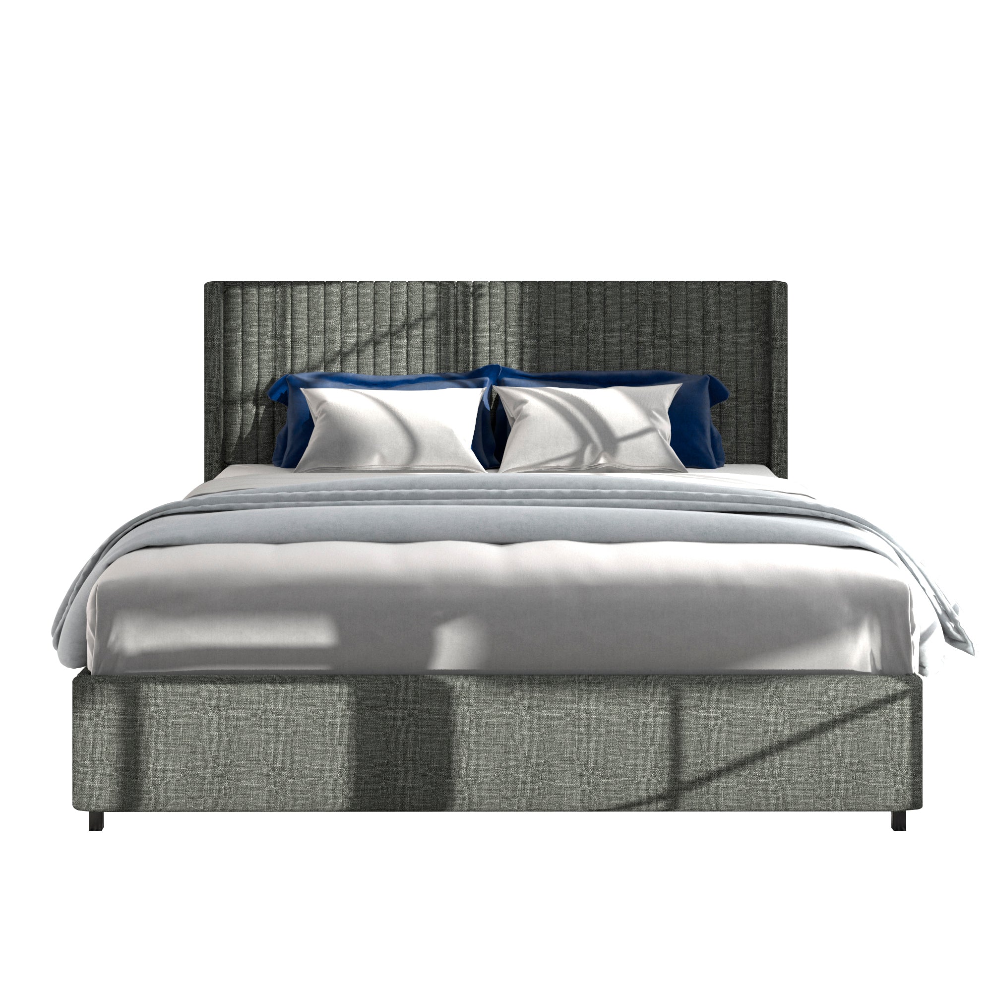 Anna Full Size Gray Linen Upholstered Wingback Platform Bed with Patented 4 Drawers Storage, Modern Design Headboard with Tight Channel, Wooden Slat Mattress Support No Box Spring Needed - Atlantic Fine Furniture Melbourne FL