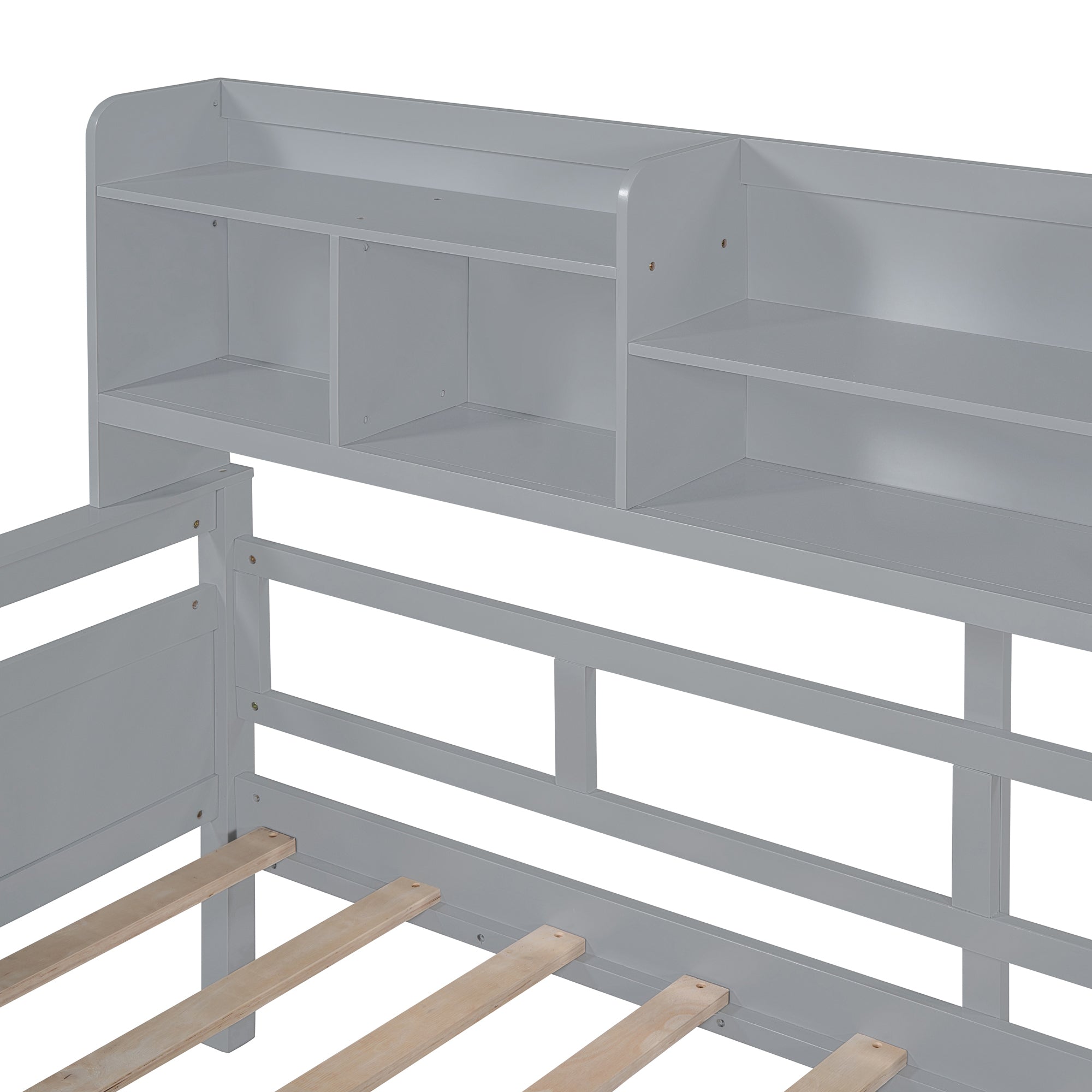 Full size Daybed, Wood Slat Support, with Bedside Shelf and Two Drawers, Gray - Atlantic Fine Furniture Melbourne FL