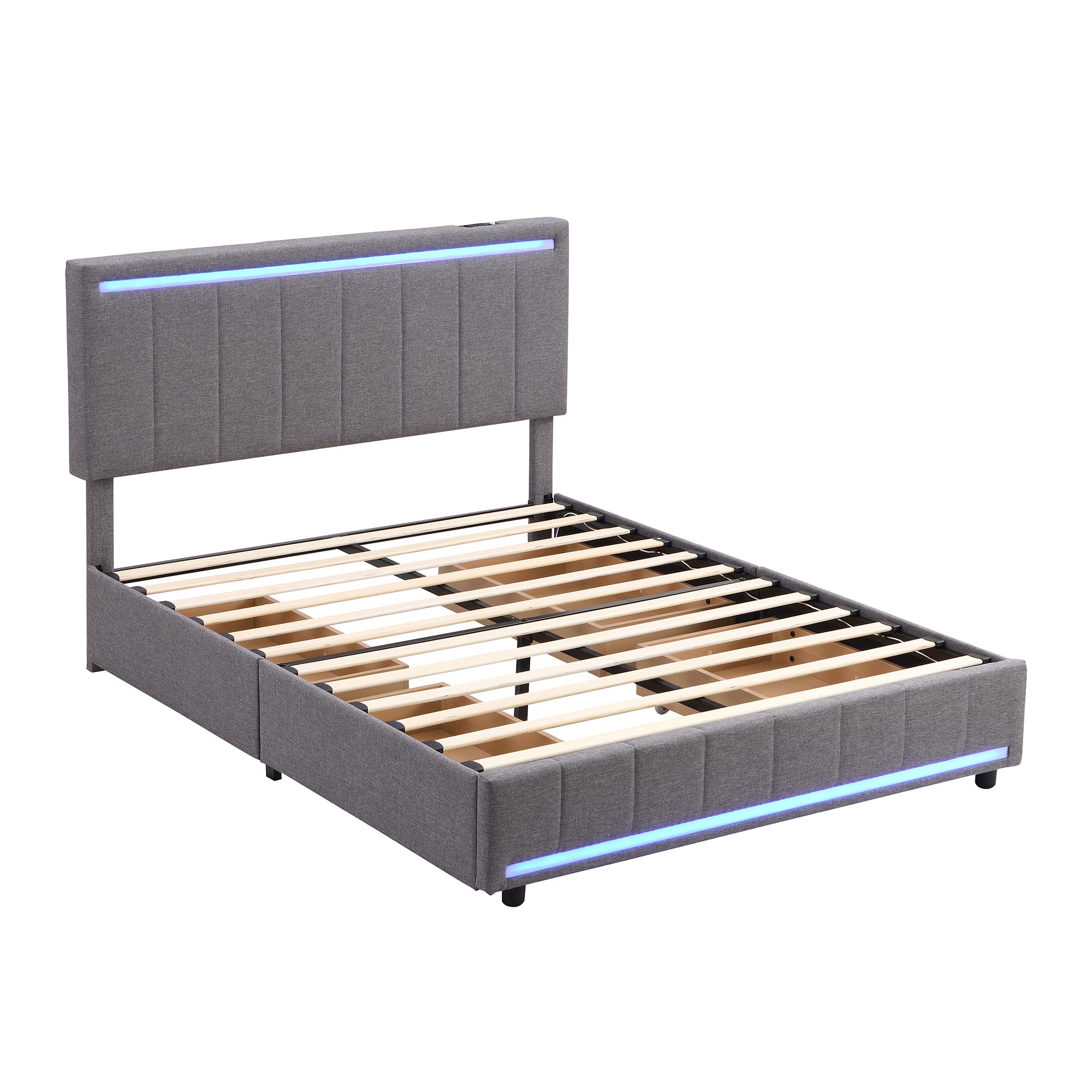 Full Size Upholstered Bed with LED Light and 4 Drawers,  Modern Platform Bed with a set of Sockets and USB Ports, Linen Fabric, Gray - Atlantic Fine Furniture Melbourne FL