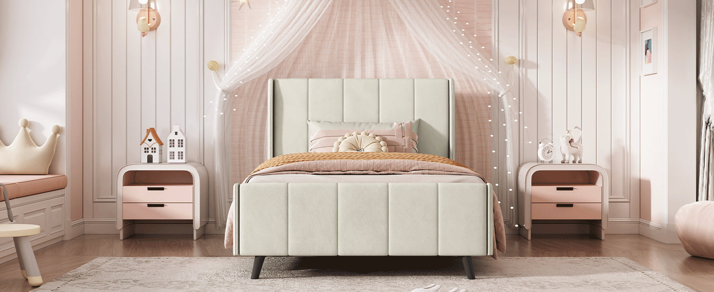 Twin Size Upholstered Platform Bed, Velvet, Beige - Atlantic Fine Furniture Melbourne FL