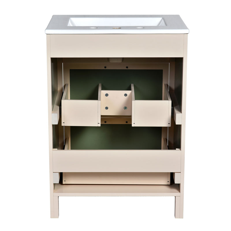 Bathroom Vanity With Ceramic Sink, Bathroom Vanity Cabinet With 2 Drawers, Wooden Bathroom Sink Cabinet - Beige / Green