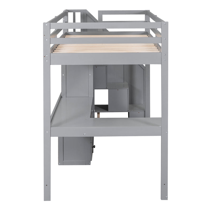 Twin Size Loft Bed with L-Shaped Desk and Drawers, Cabinet and Storage Staircase, Gray