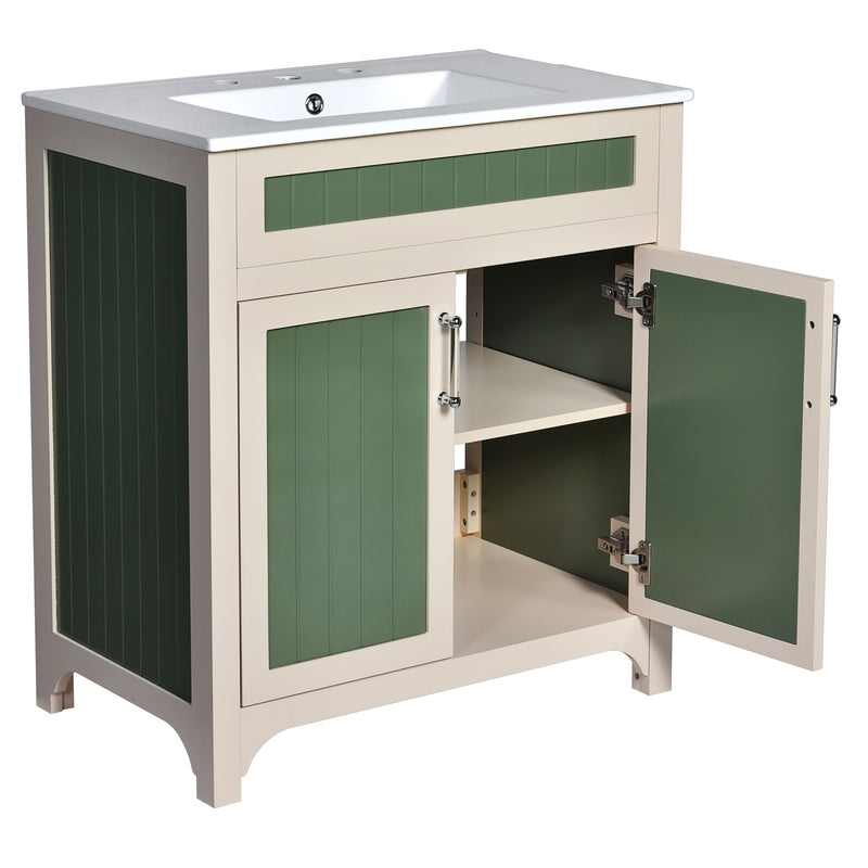 Bathroom Vanity Cabinet With Ceramic Sink Combo Set, Frame Modern Bathroom Storage Cabinet With Height Adjustable Shelf - Beige / Green