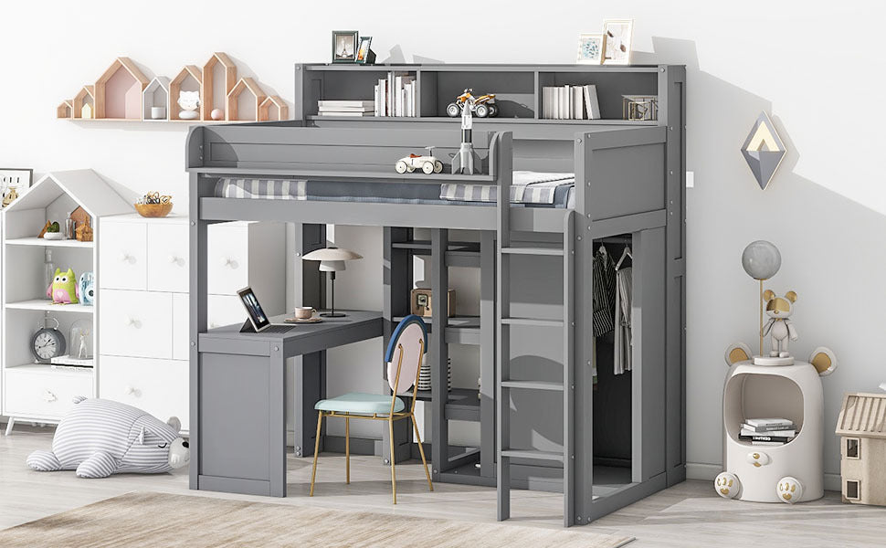 Wood Twin Size Loft bed with Multiple Storage Shelves and Wardrobe, Gray - Atlantic Fine Furniture Melbourne FL