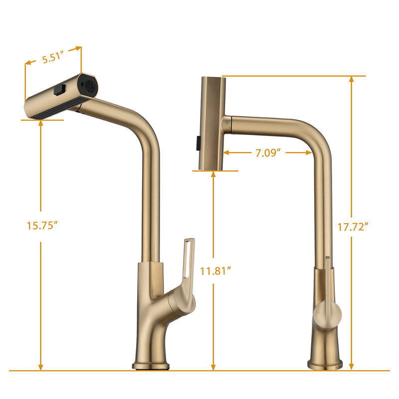 Kitchen Waterfall Faucet With Pull Down Sprayer, Single Handle, 360 Degree Rotating Zinc Alloy - Brushed Gold