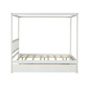 Full Size Canopy Bed with Twin Trundle, Kids Solid Wood Platform Bed Frame w/ Headboard, No Box Spring Needed White Color
