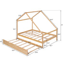 Full Size Wooden House Bed With Twin Size Trundle, Natural