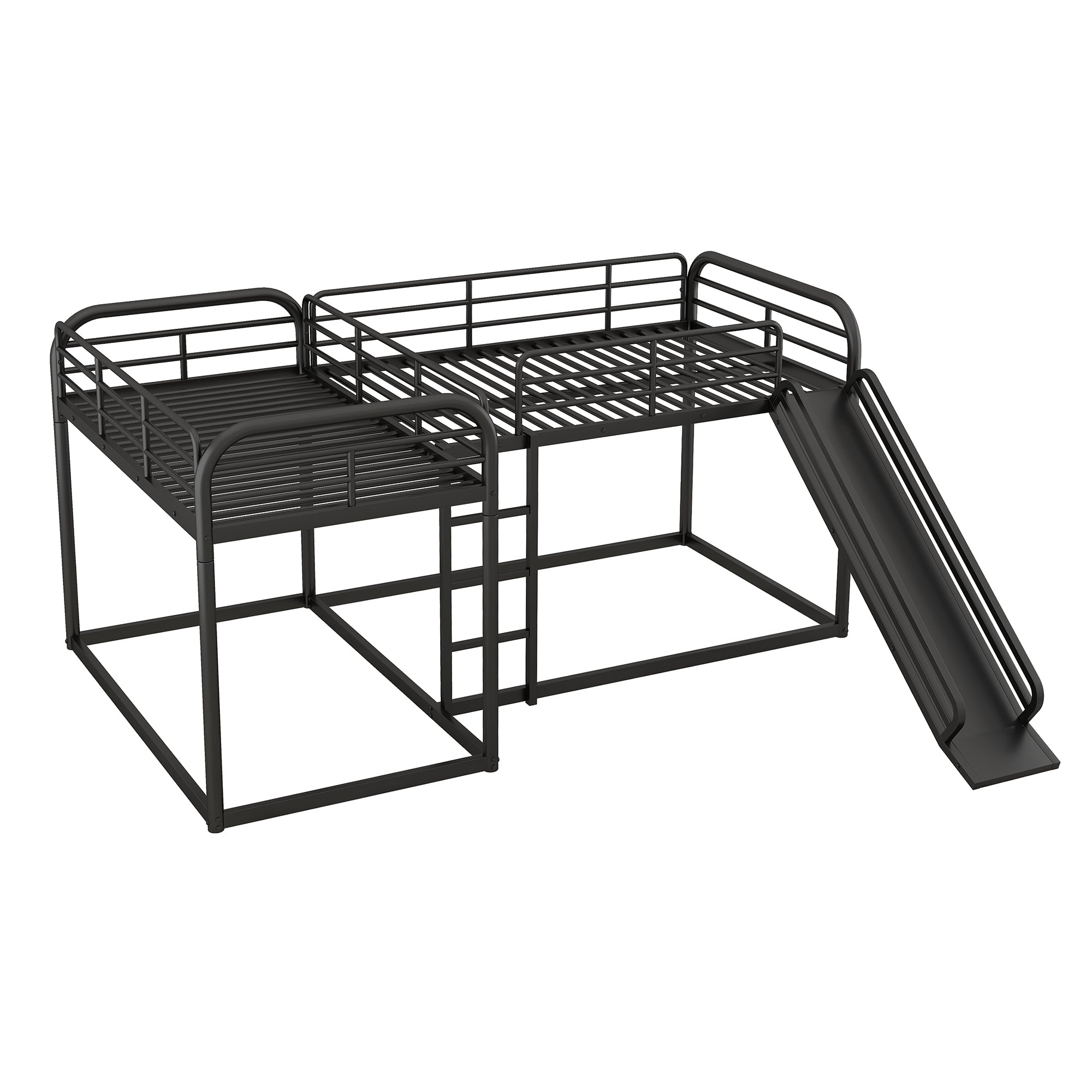 Full and Twin Size L-Shaped Bunk Bed with Slide and Short Ladder, Black
