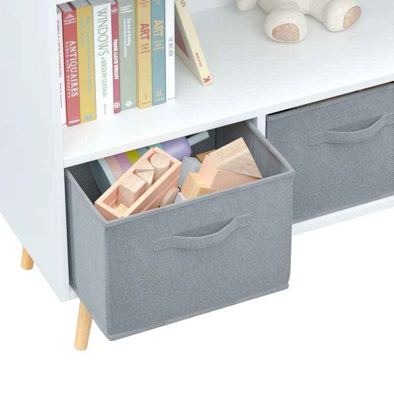 Kids Bookcase With Collapsible Fabric Drawers, Children's Book Display, Toy Storage Cabinet Organizer - White / Gray