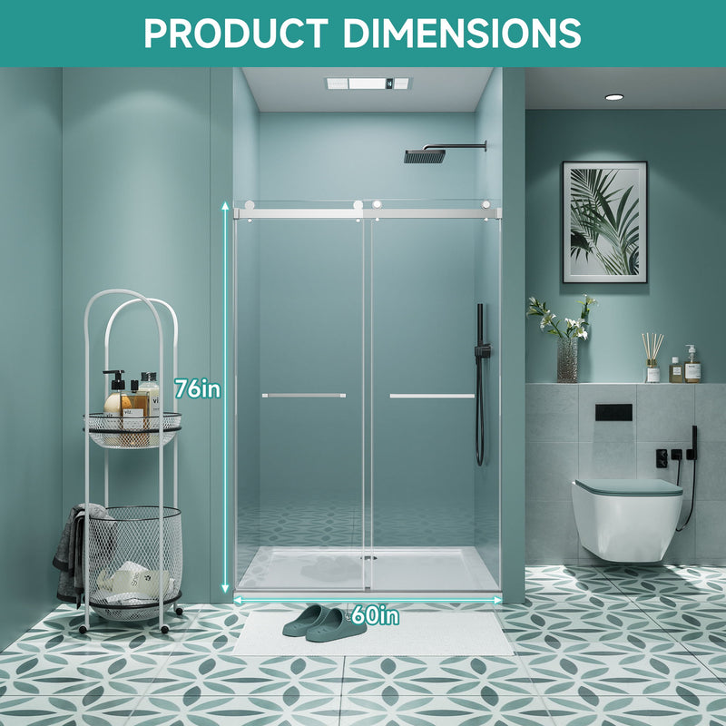 Frameless Double Sliding Soft Close Bathtub Shower Door, 5 / 16" Clear Nano Coated Tempered Glass And 304 Stainless Steel Handle - Brushed Nickel