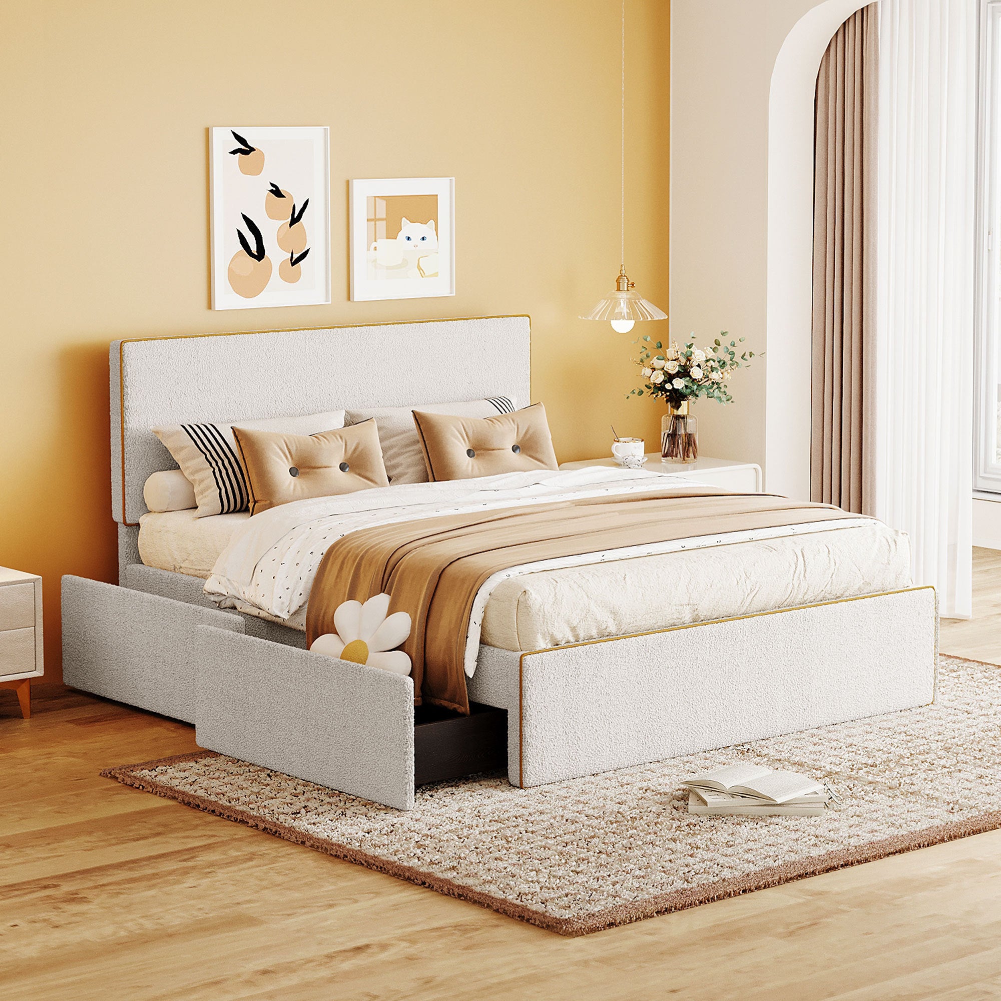 Full Size Upholstered Platform Bed with 4 Drawers and Golden Edge on the Headboard & Footboard, White - Atlantic Fine Furniture Melbourne FL