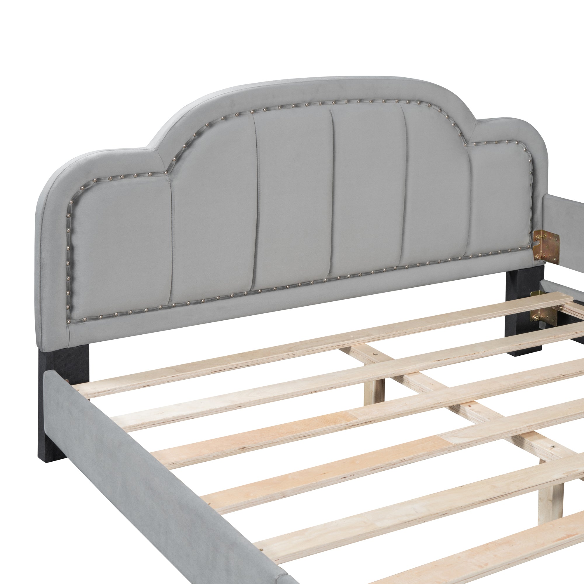 Full Size Upholstered Daybed with Cloud Shaped Headboard, Embedded Elegant Copper Nail Design, Gray - Atlantic Fine Furniture Melbourne FL
