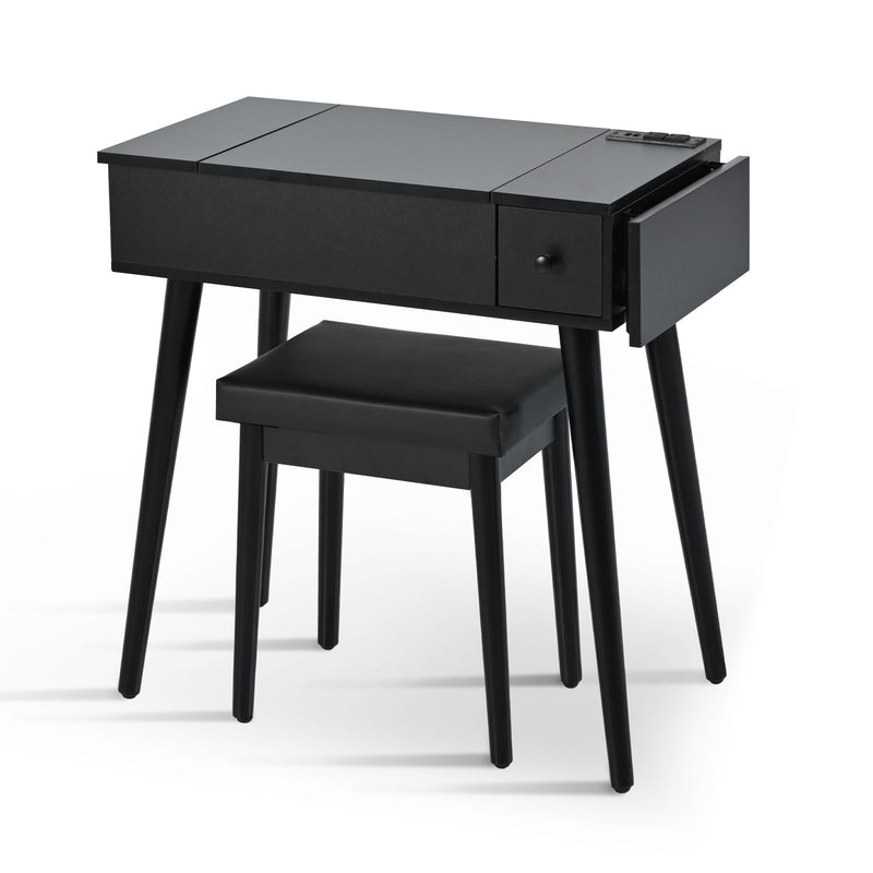 Makeup Vanity Desk With Flip Top Mirror And LED Light, Dressing Table With Charging Station, 2 Drawers And Fold Up Panel, Vanity Set With Cushioned Stool For Bedroom - Black