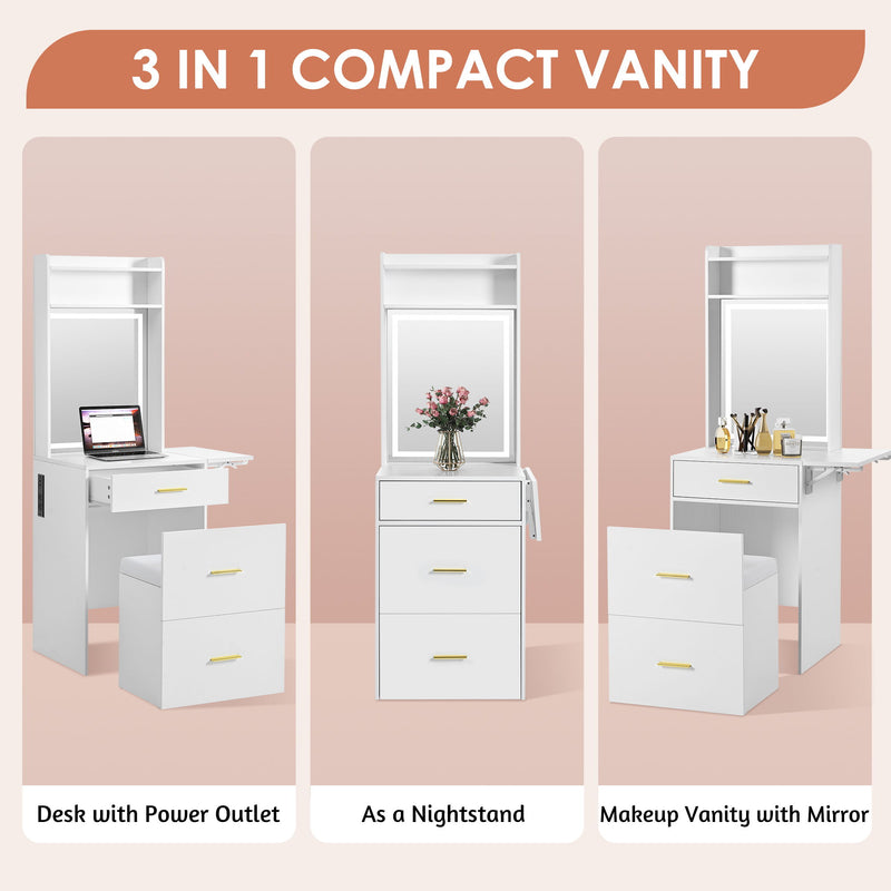 Small Vanity Desk With Mirror And Light, Dressing Table With Charging Station & Fold Up Panel For Small Space, Compact Makeup Vanity Set With Hidden Stool For Bedroom - White
