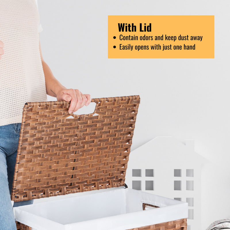 Laundry Hamper With Lid PE Rattan Powder Coating Frame Clothes Hampers With 2 Removable Bags