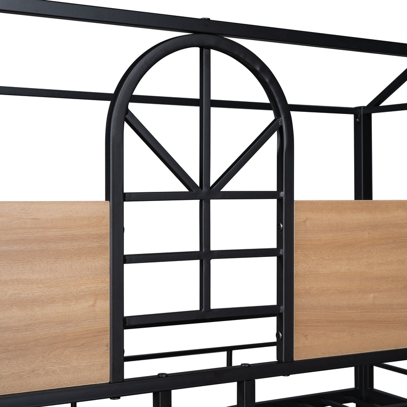 Twin Over Twin Metal Bunk Bed ,Metal Housebed With Slide,Three Colors Available.(Black with Black  Slide)(OLD SKU :LP000095AAB)