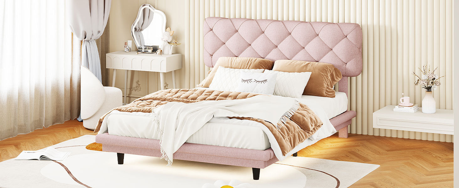 Full Size Upholstered Bed with Light Stripe, Floating Platform Bed, Linen Fabric,Pink - Atlantic Fine Furniture Melbourne FL