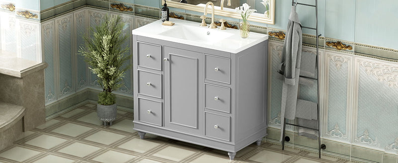 Contemporary Bathroom Vanity Cabinet, 4 Drawers & 1 Cabinet Door, Multipurpose Storage, Resin Integrated Sink, Adjustable Shelves, Solid Wood Frame With MDF