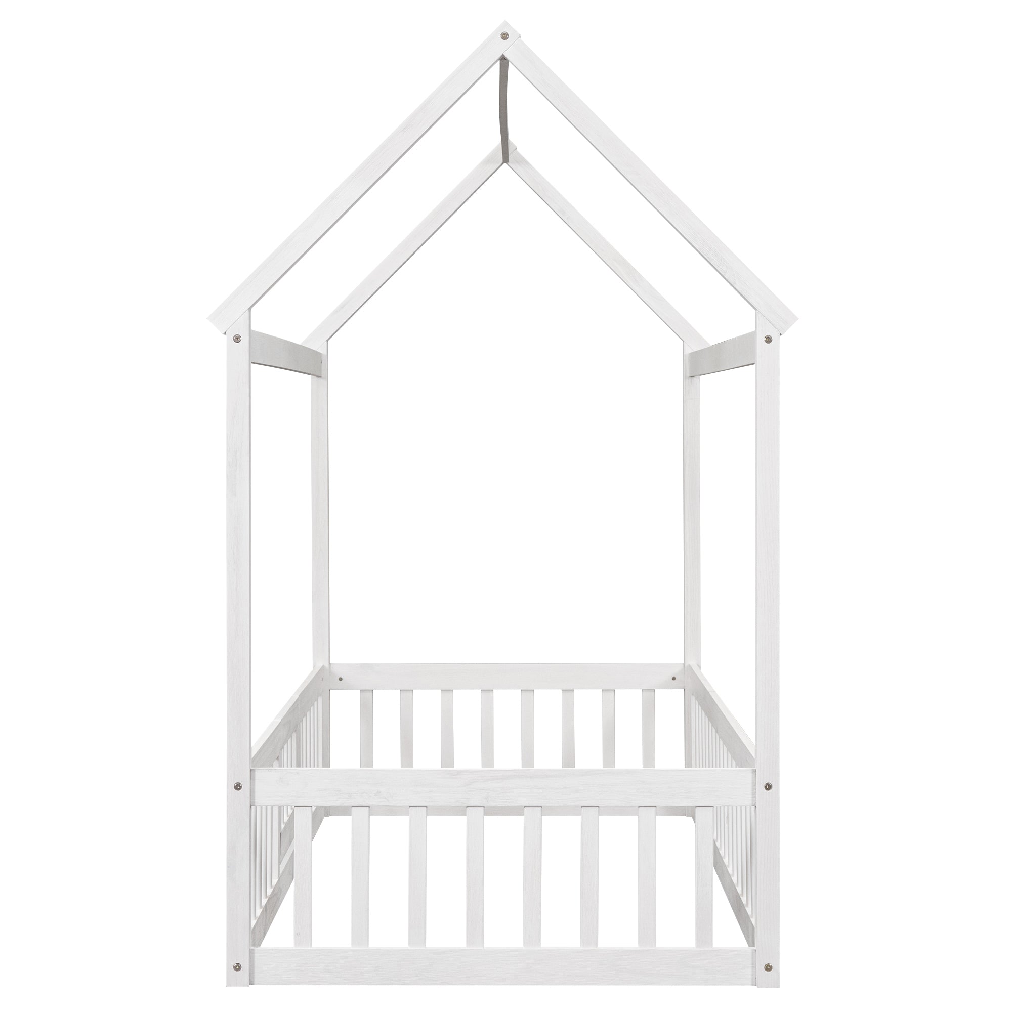 Twin Size Wood House Bed with Fence and Door, White Wash