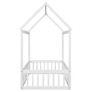Twin Size Wood House Bed with Fence and Door, White Wash