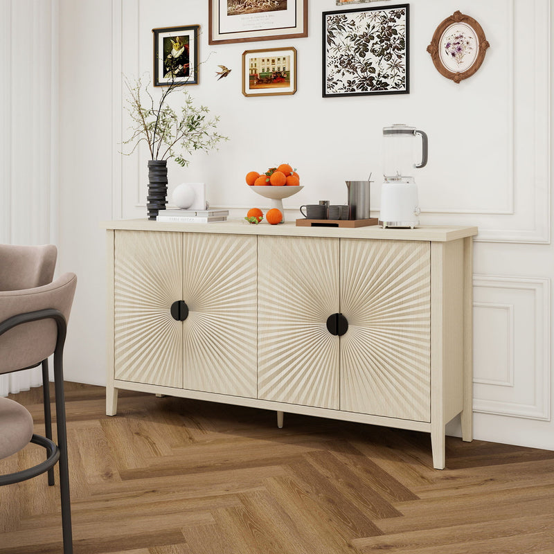 4 Door Sideboard, Carved Sideboard Buffet Cabinet With Storage, Modern Coffee Bar Cabinet With Adjustable Shelf For Living Room, Dining Room, Kitchen - Natural