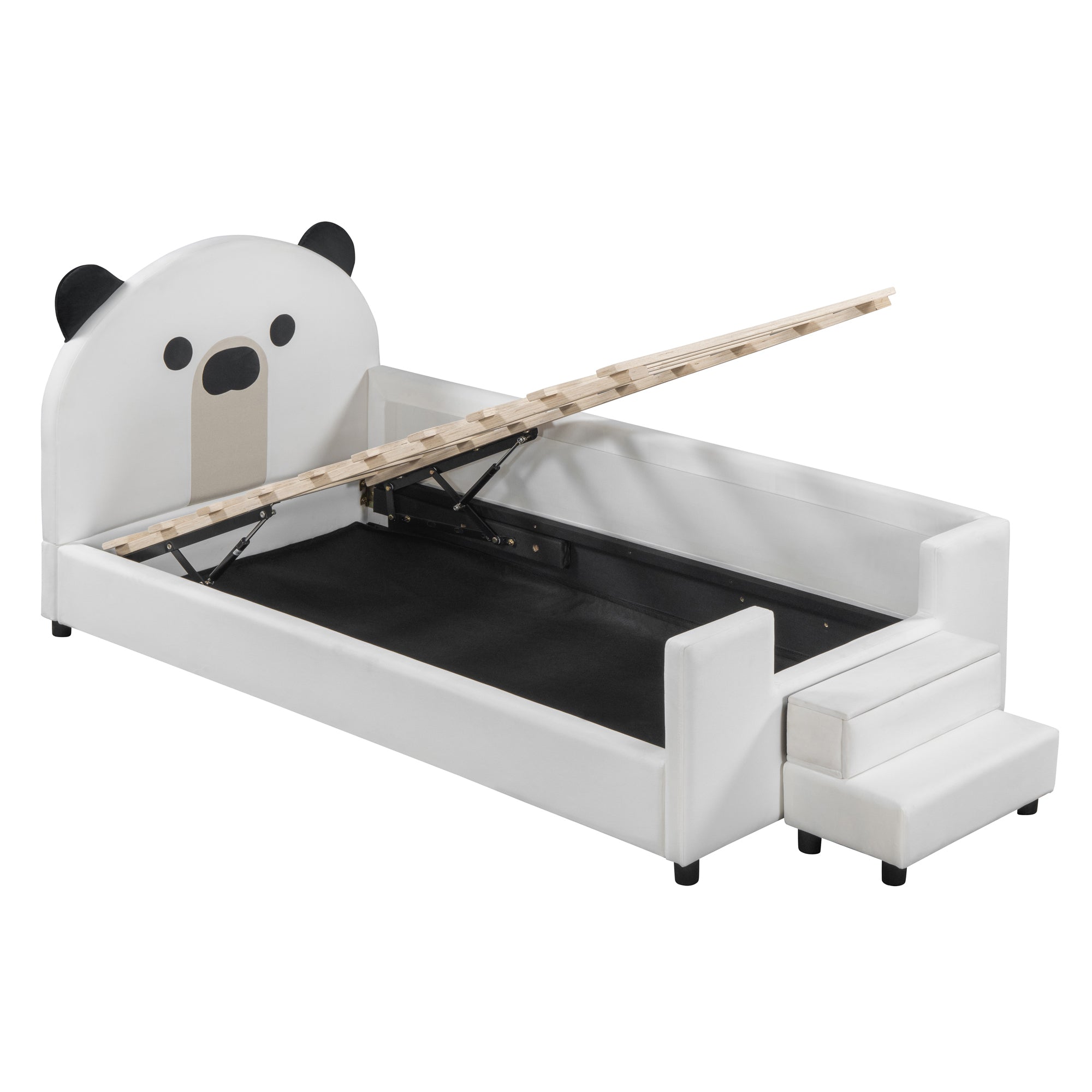 Twin Size Upholstered Daybed with Bear Shaped Headboard, Hydraulic System and Breathable Mesh Fence, White - Atlantic Fine Furniture Melbourne FL