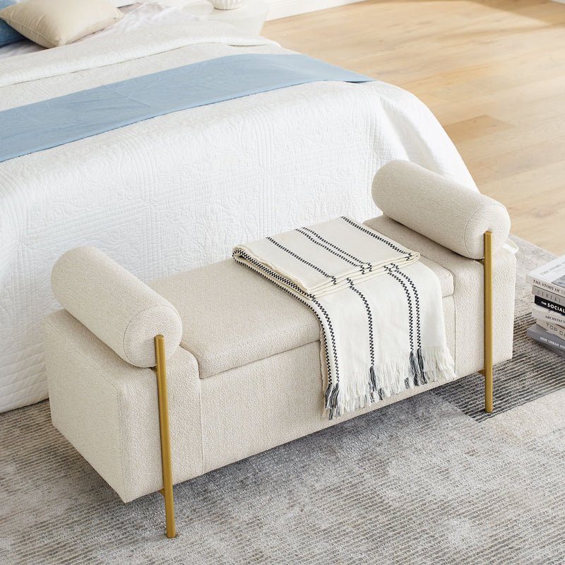 Elegant Upholstered Linen Storage Bench With Cylindrical Arms And Iron Legs, White