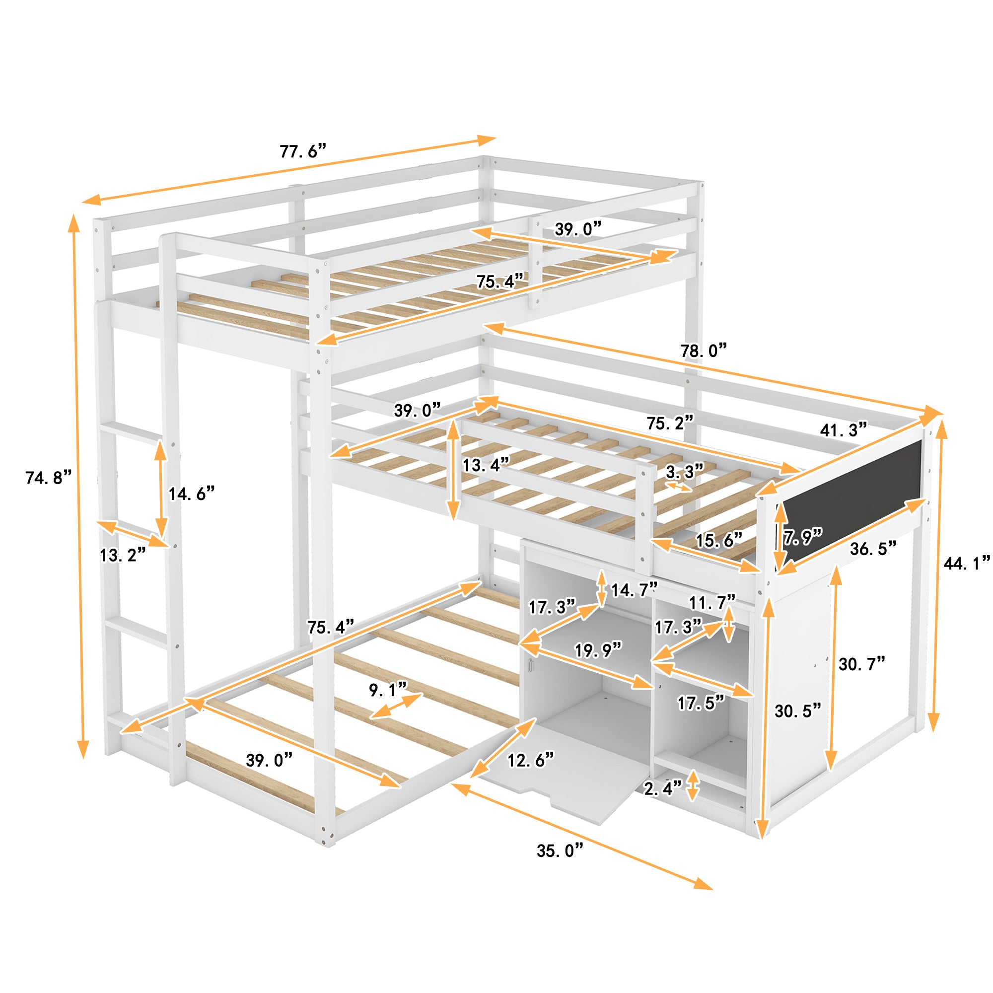 L-shaped Wood Triple Twin Size Bunk Bed with Storage Cabinet and Blackboard, Ladder, White