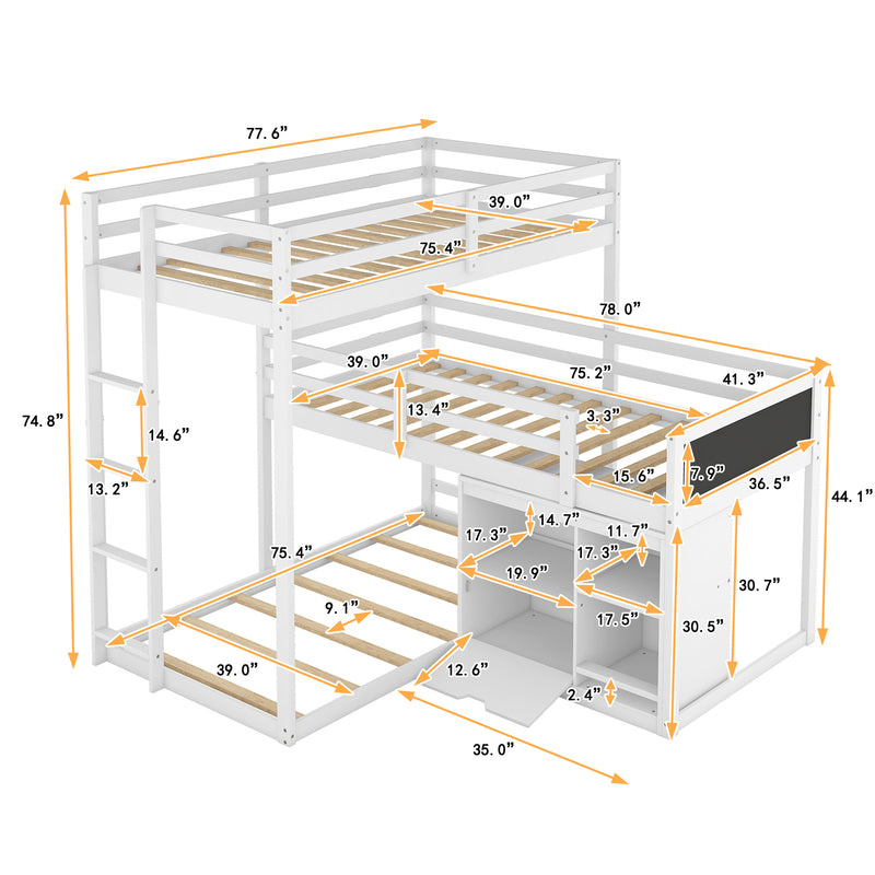 L-shaped Wood Triple Twin Size Bunk Bed with Storage Cabinet and Blackboard, Ladder, White