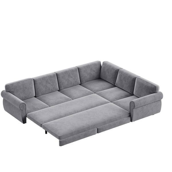 L-Shaped Sofa Couch With Pull Out Bed With Nailhead Trim & Rolled Arm, Sectional Couches, For Living Room - Light Gray