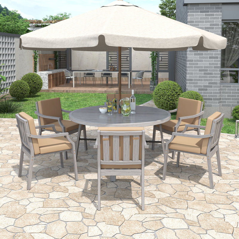 Outdoor Dinning Set 6 Person Dinning Set With An Umbrella Hole And Removable Cushions For Patio, Backyard, Garden - Antique Gray