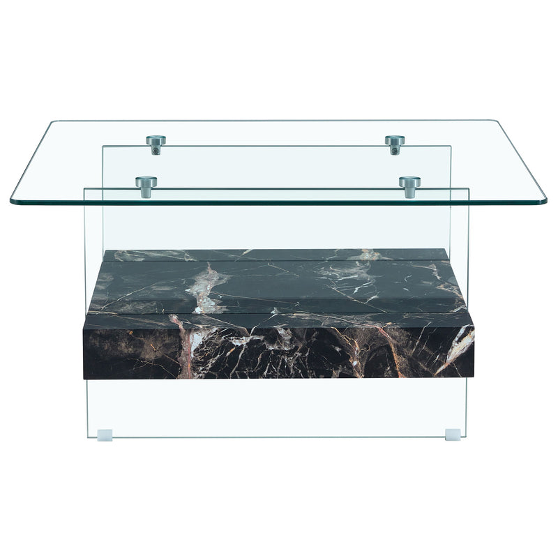 Modern 2 Tier Square Coffee Table, Elegant Marble Pattern