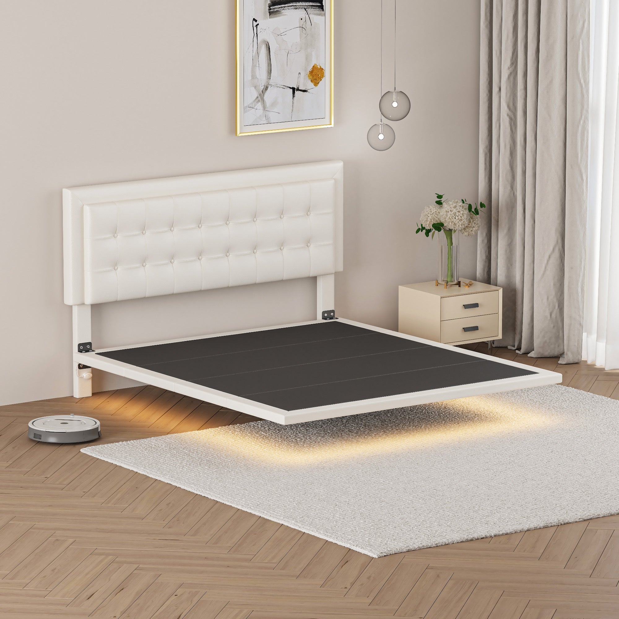 Queen Size Floating Bed Frame with Motion Activated Night Lights,Modern PU Upholstered Button Tufted Platform Bed Frame,White - Atlantic Fine Furniture Melbourne FL