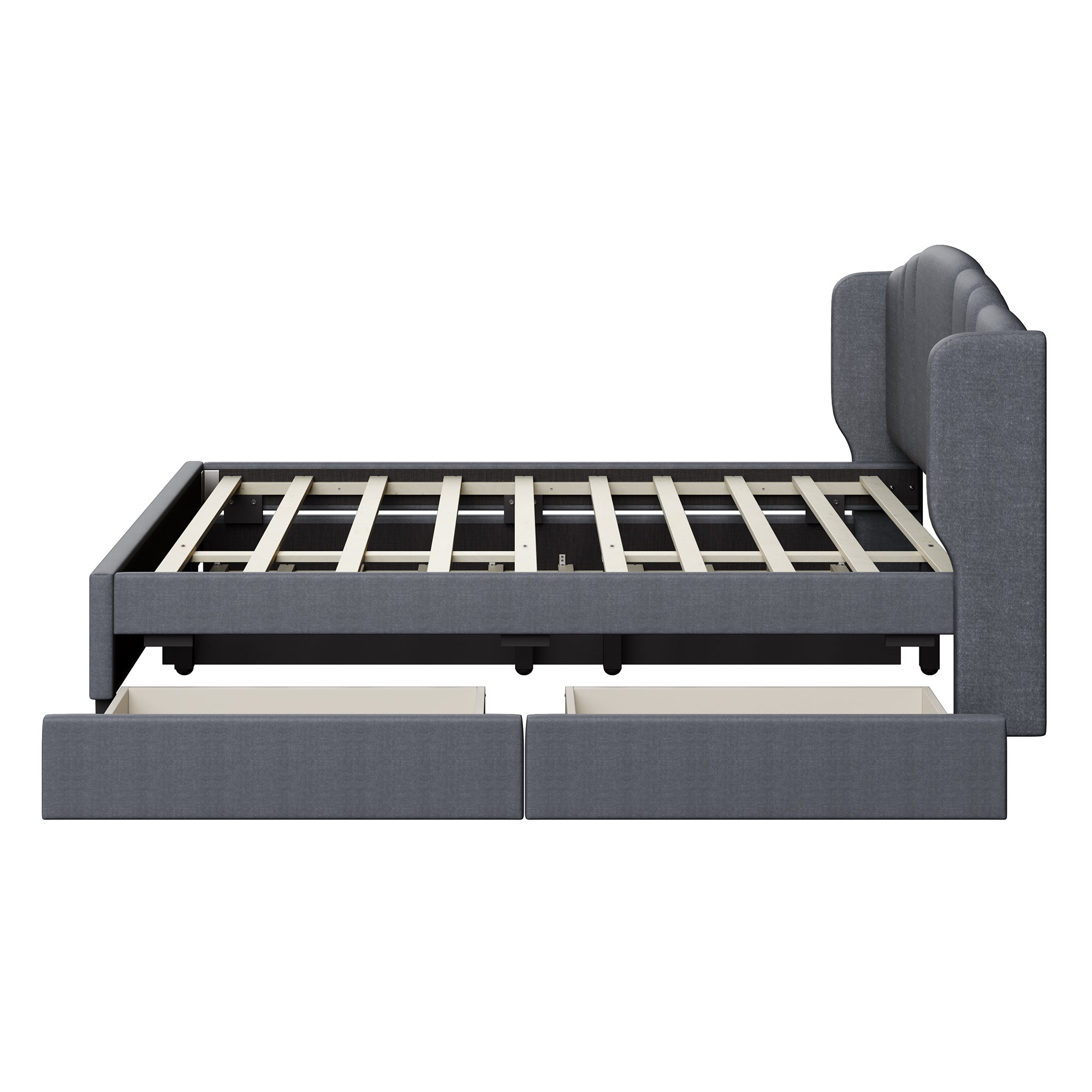 Upholstered Platform Bed with Wingback Headboard, One Twin Trundle and 2 Drawers, No Box Spring Needed, Linen Fabric, Queen Size Gray - Atlantic Fine Furniture Melbourne FL