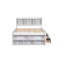 Full Bed with Bookcase Headboard, Under bed Storage Drawers and Bed End Storage Case,White