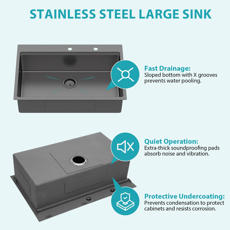 Drop In Kitchen Sink With Pull Out Faucet And Soap Dispenser, Single Bowl Topmount Sink - Gunmetal Black