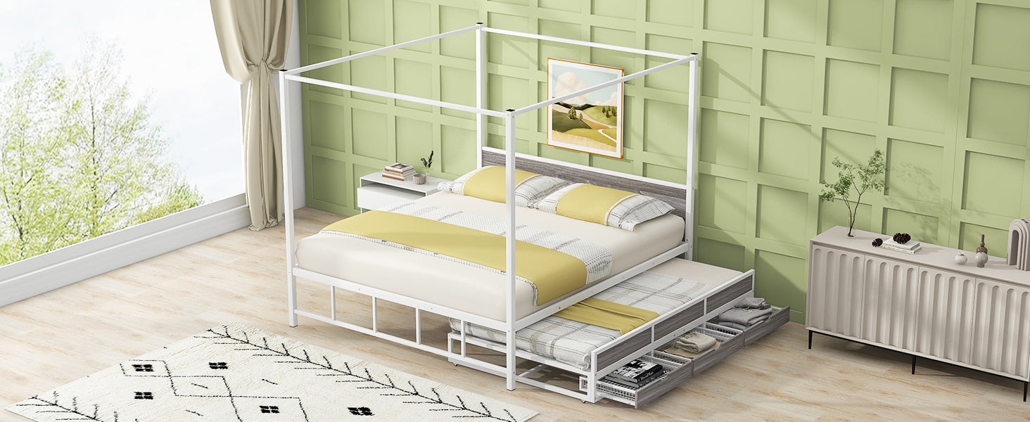 Queen Size Metal Canopy Platform Bed with Twin Size Trundle and 3 Storage Drawers, White - Atlantic Fine Furniture Melbourne FL