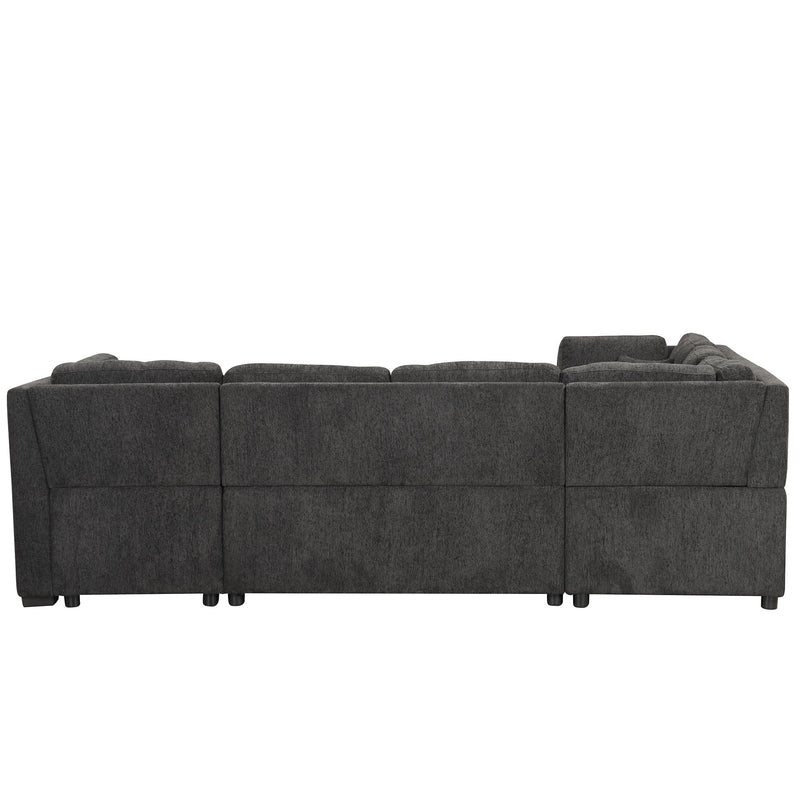 U-Shaped Sectional Sofa Pull Out Sofa Bed With Two USB Ports, Two Power Sockets, Three Back Pillows And A Storage Chaise For Living Room